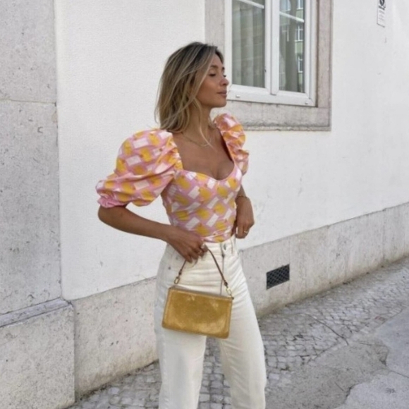 New Zara Poplin Floral Embroidery Barbie Pink Geo Print Bodysuit/Top NWT Small - Picture 4 of 17